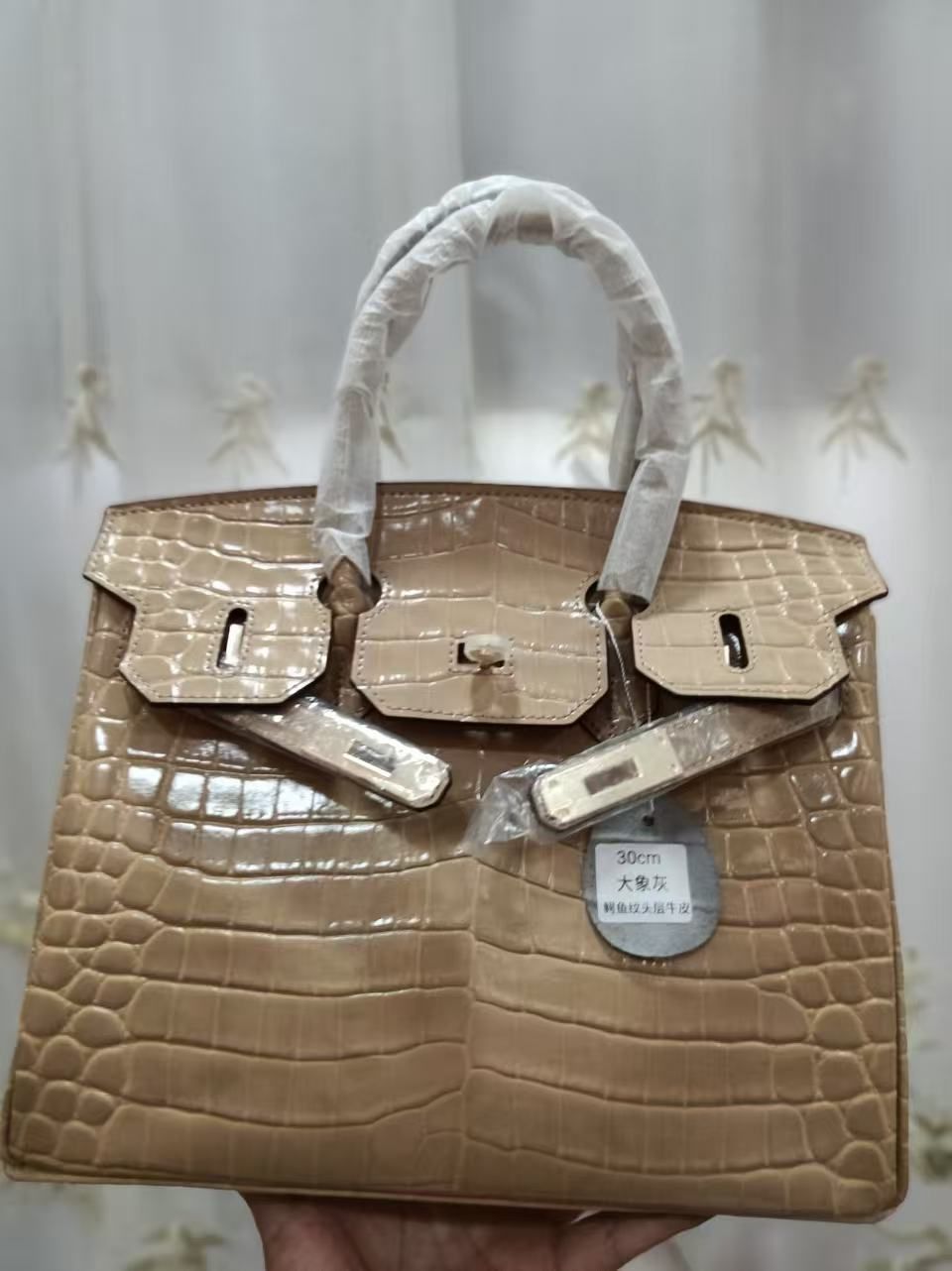 Light Luxury Crocodile First Layer Cowhide Handbag 30cm Glossy Set Platinum Bag Ladies Banquet Commuter Handbag