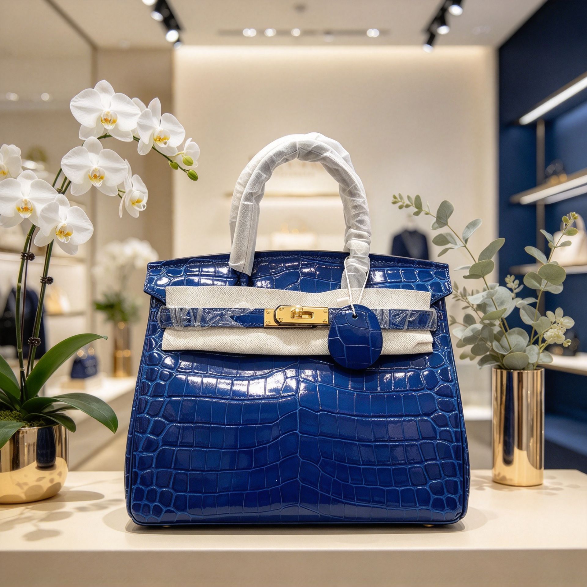 Sapphire blue glossy alligator top layer cowhide handbag 30cm set buckle women's banquet commuter handbag