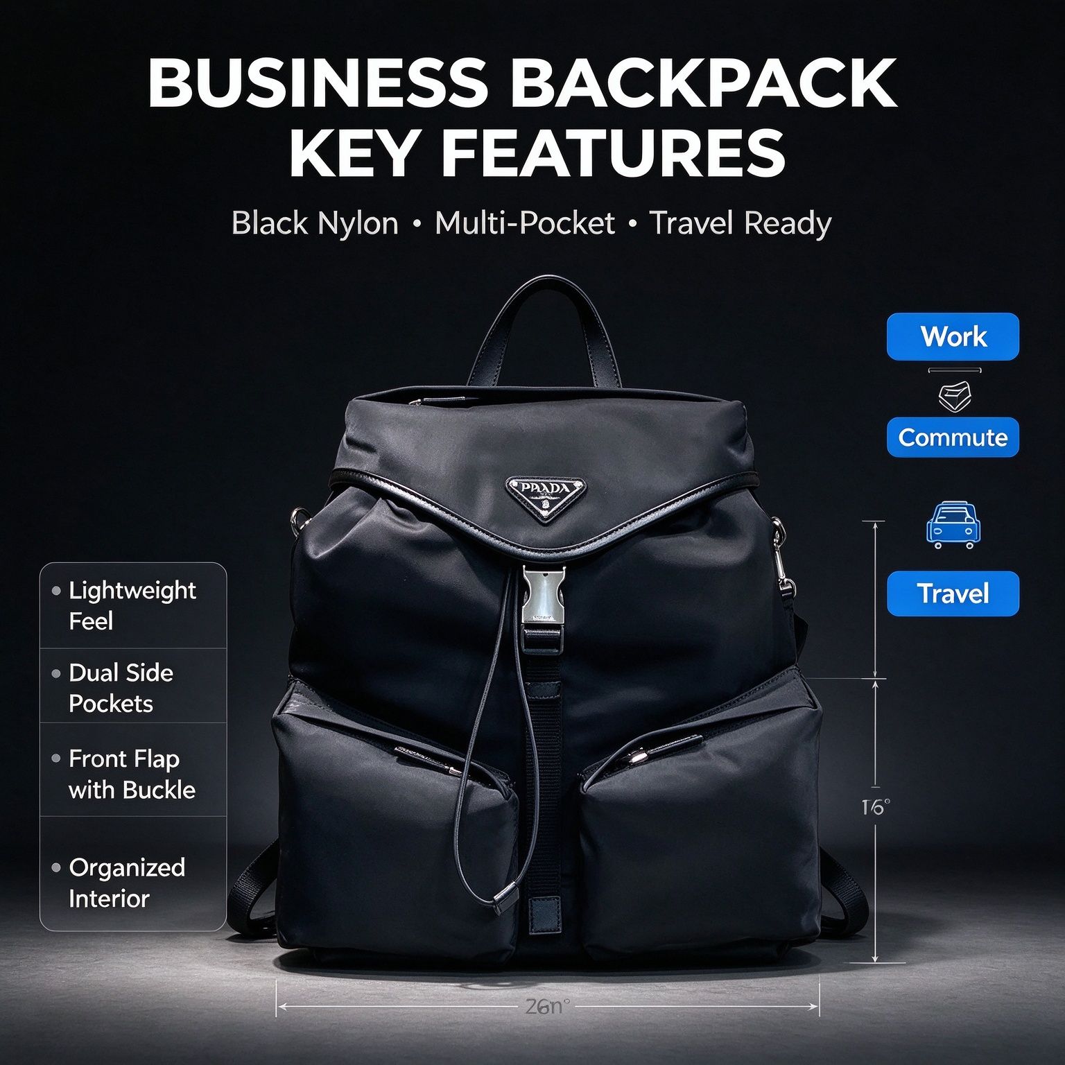 Prada Men Casual Backpack, Lightweight Nylon Commute Business Laptop Bag 图 3