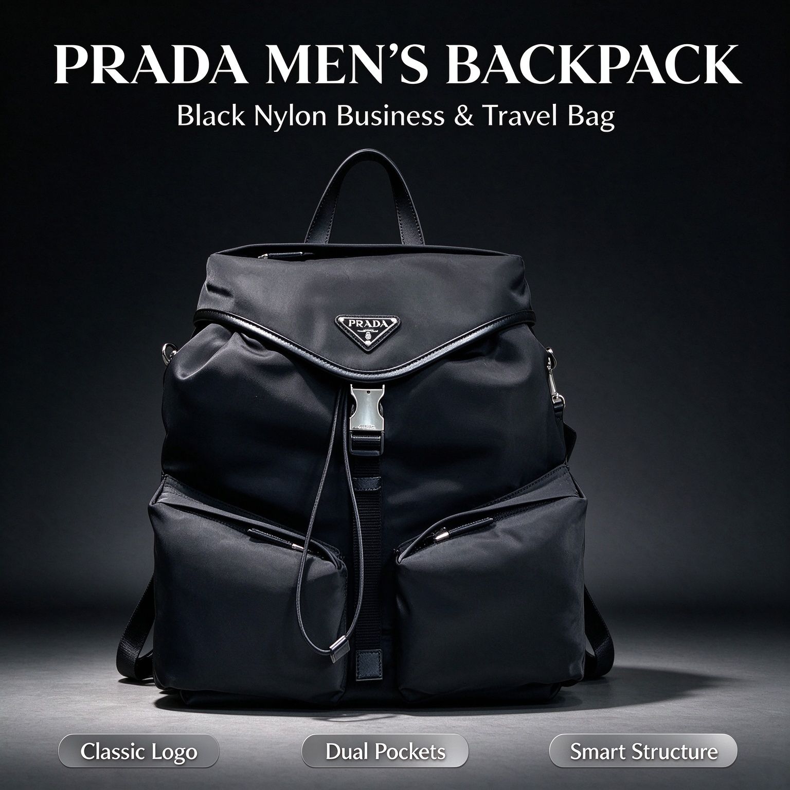 Prada Men Casual Backpack, Lightweight Nylon Commute Business Laptop Bag
