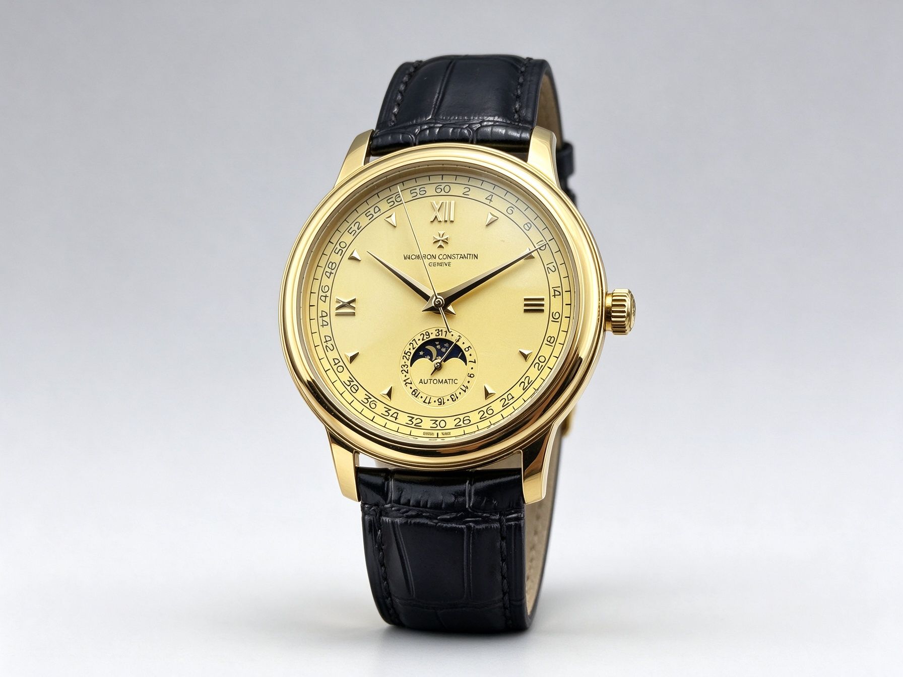 Vacheron Constantin Men's Vintage Moonphase Automatic Business Leather Strap Watch Calendar Display