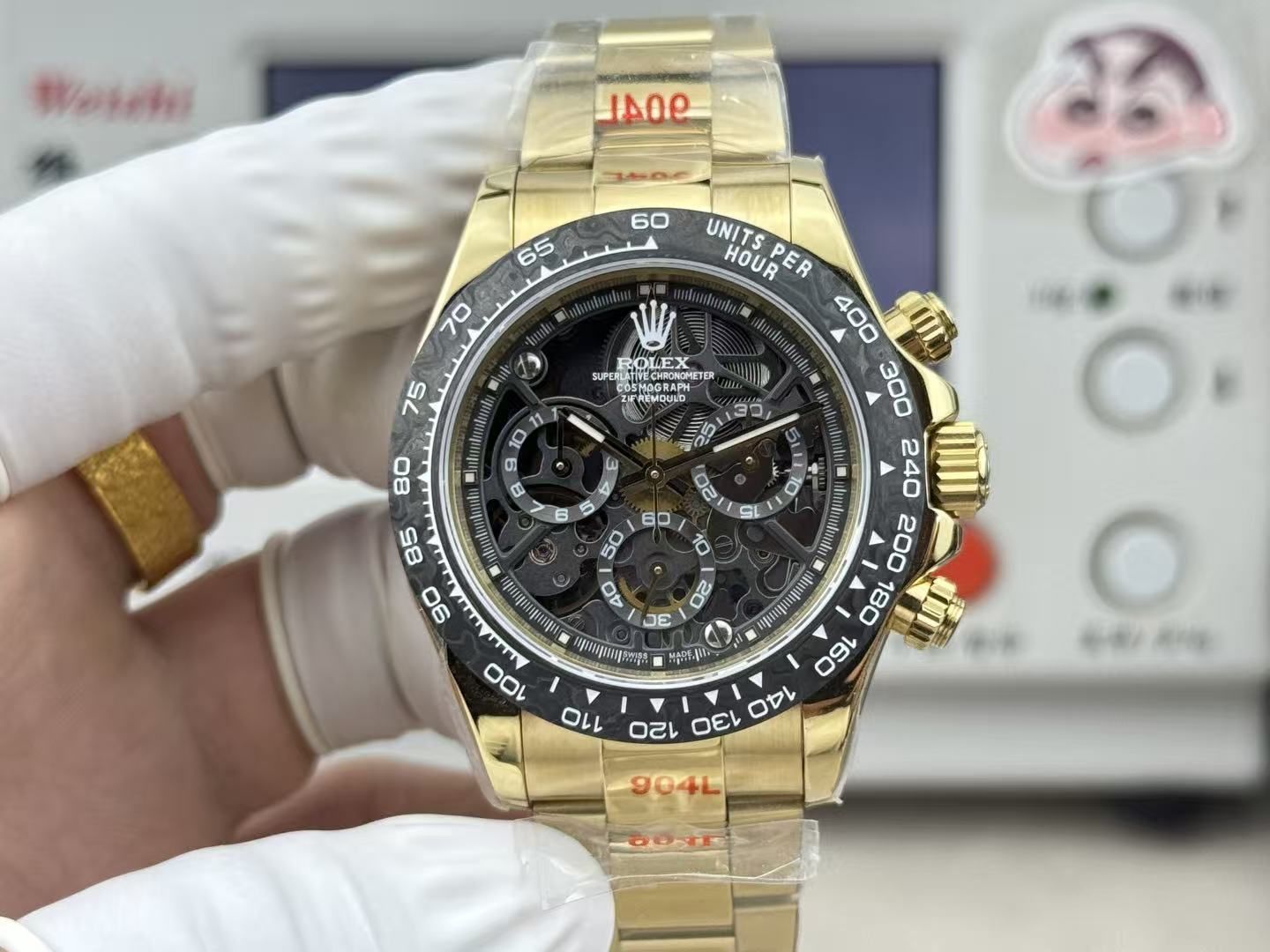 Light luxury men's skeleton chronograph 40mm black gold all-steel belt speed ring business sports quartz men's watch