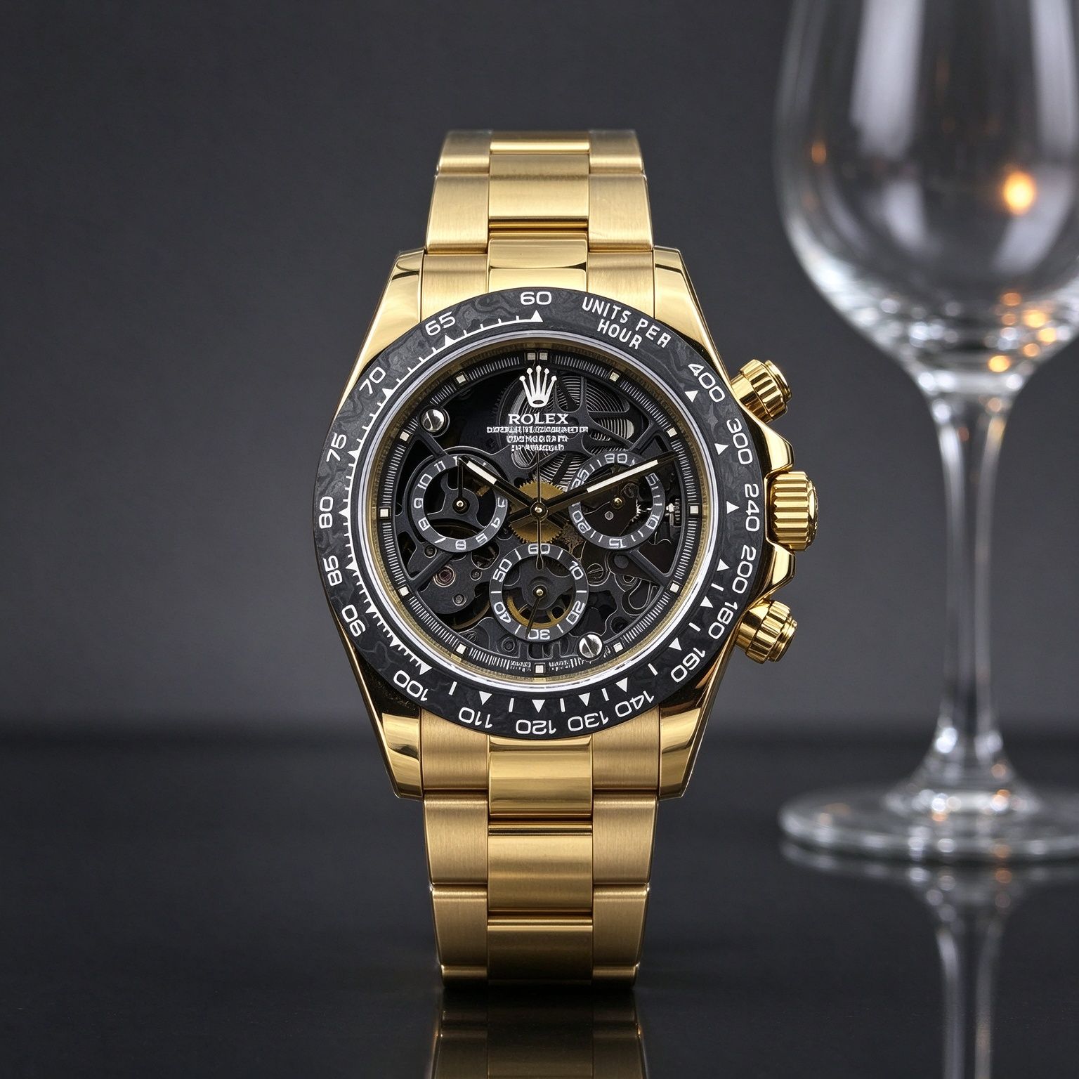 Light luxury men's skeleton chronograph 40mm black gold all-steel belt speed ring business sports quartz men's watch