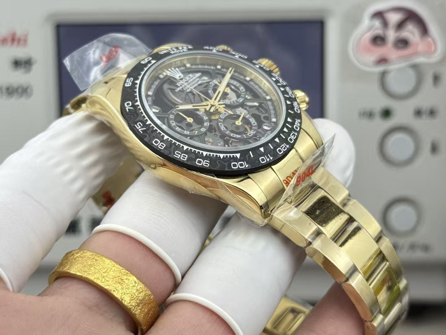 Light luxury men's skeleton chronograph 40mm black gold all-steel belt speed ring business sports quartz men's watch 图 6