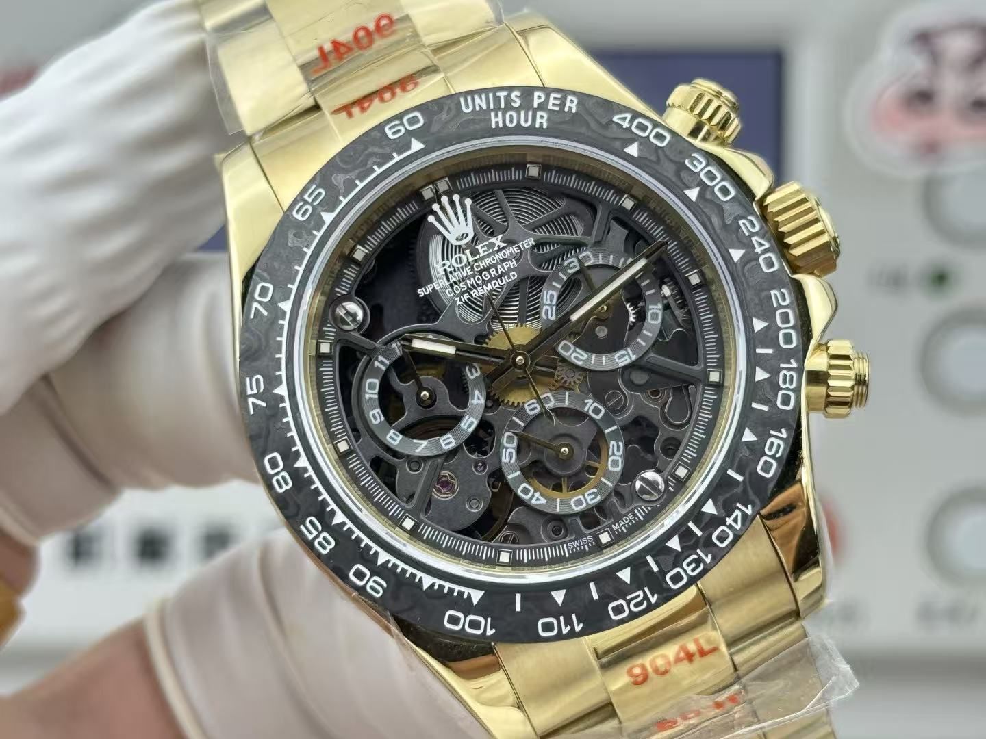 Light luxury men's skeleton chronograph 40mm black gold all-steel belt speed ring business sports quartz men's watch 图 2