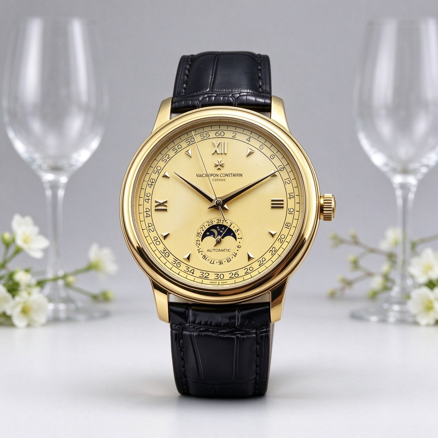 Vacheron Constantin Men's Vintage Moonphase Automatic Business Leather Strap Watch Calendar Display