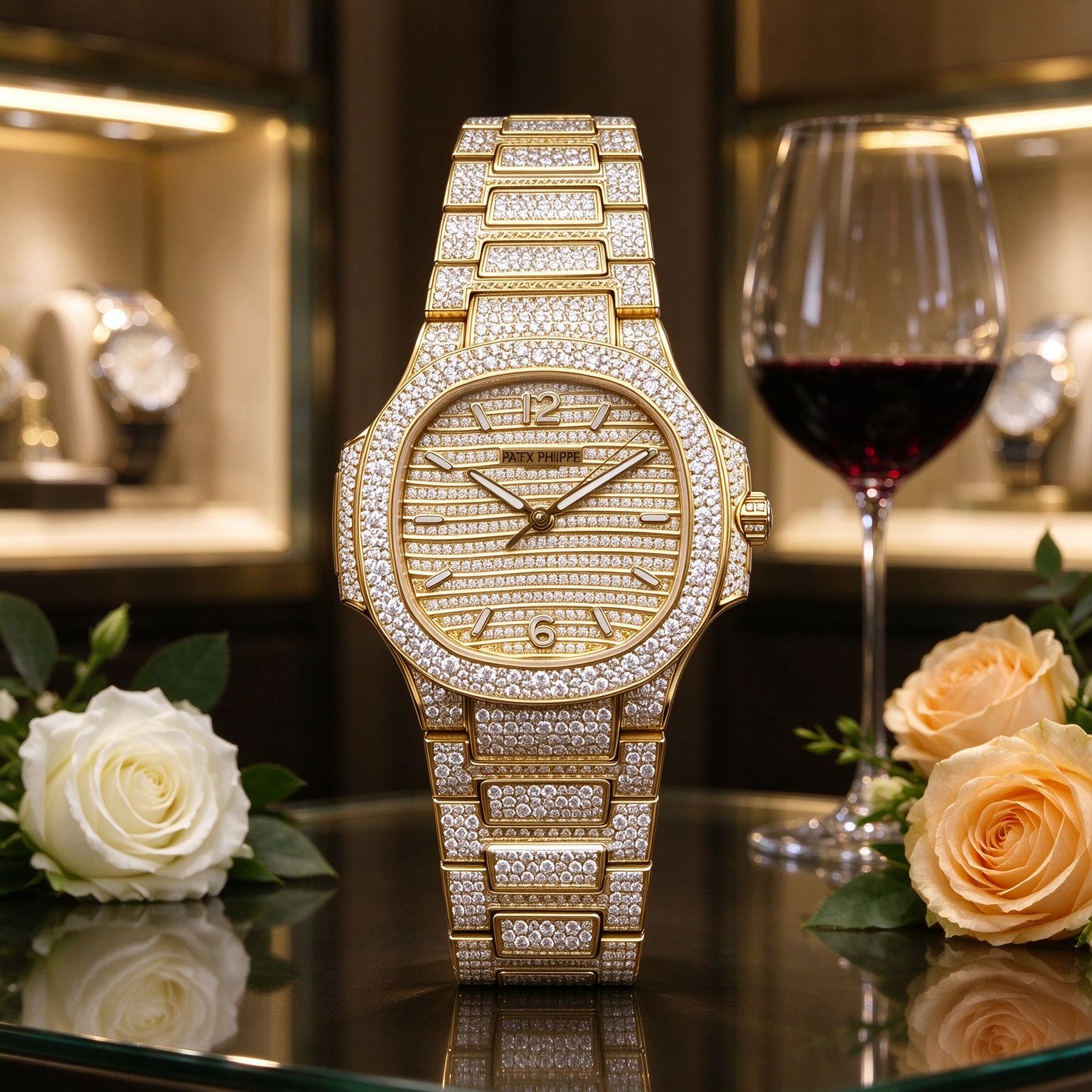 The Patek Philippe Nautilus Nautilus Womens Full Diamond (7118 Full Diamond Edition), the iconic Nautilus Octagon case, the dial is also designed with horizontal stripes full of diamonds.