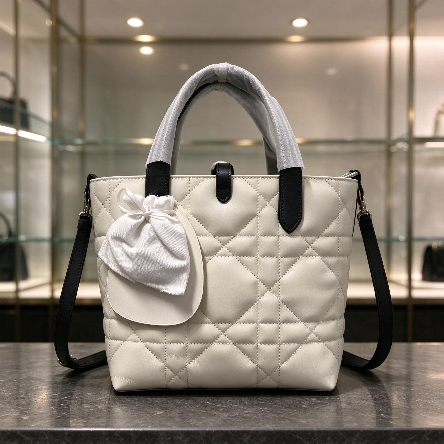 Dior Toujours rattan tote bag in beige white and black cowhide handbag with matching pouch