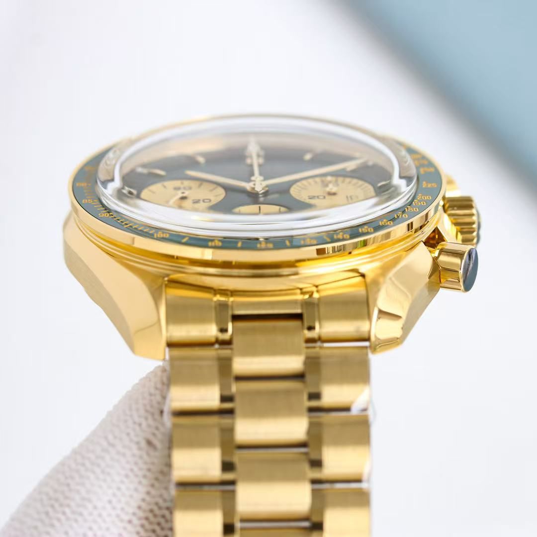 Omega Speedmaster Men's Automatic Chronograph Green Dial Gold Case Gold Steel Band Speedometer Watch 图 6