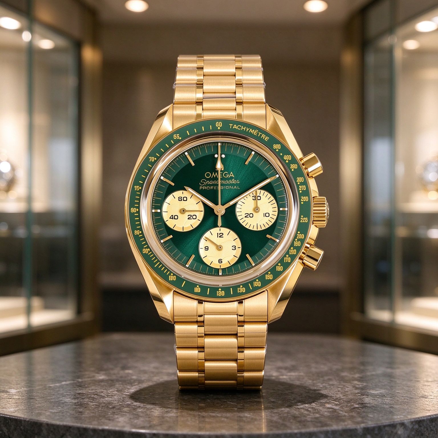Omega Speedmaster Men's Automatic Chronograph Green Dial Gold Case Gold Steel Band Speedometer Watch
