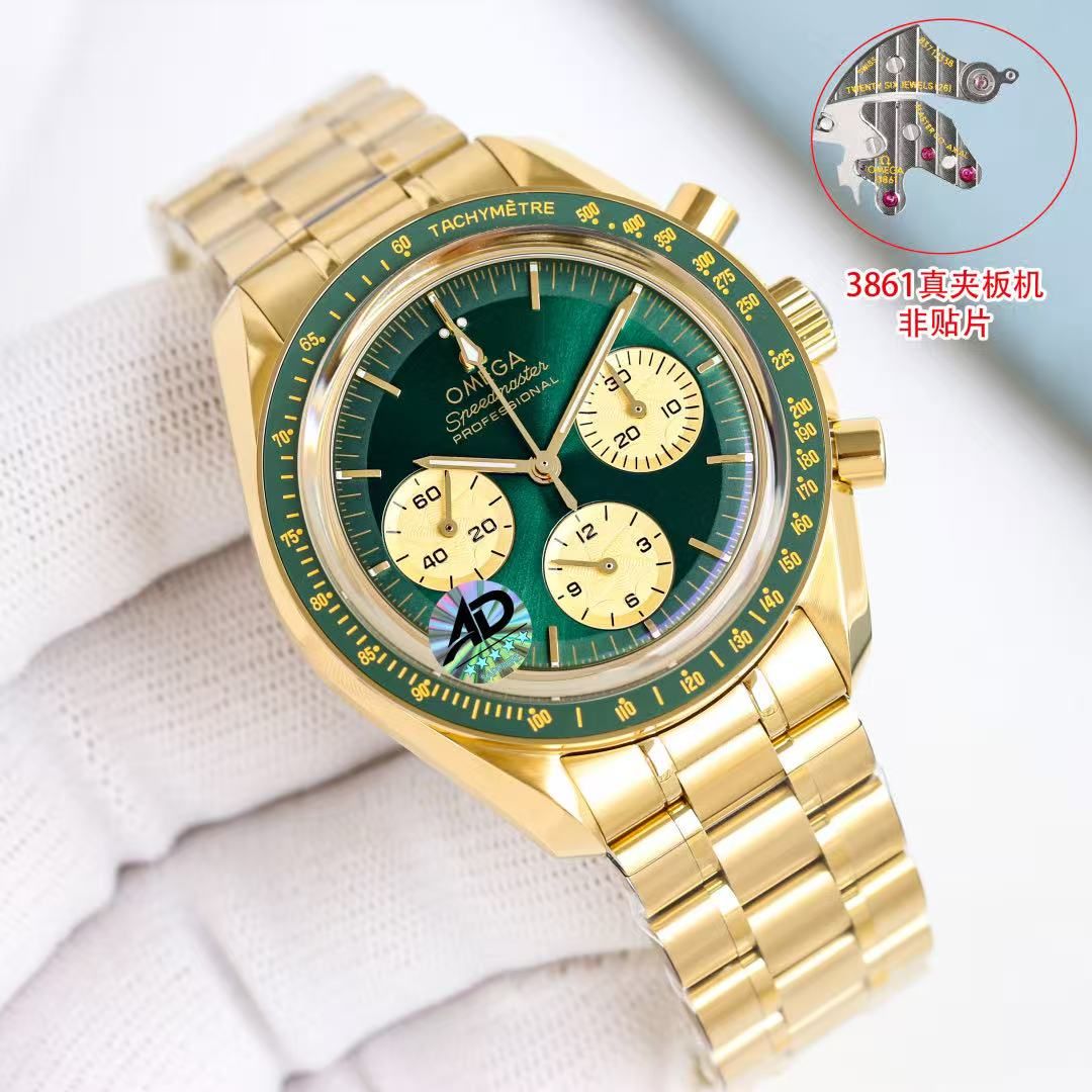 Omega Speedmaster Men's Automatic Chronograph Green Dial Gold Case Gold Steel Band Speedometer Watch 图 2