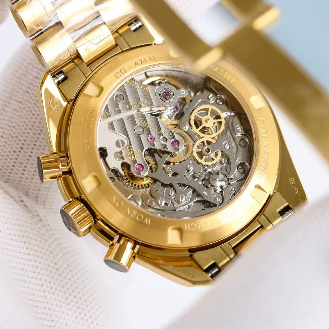 Omega Speedmaster Men's Automatic Chronograph Green Dial Gold Case Gold Steel Band Speedometer Watch 图 7