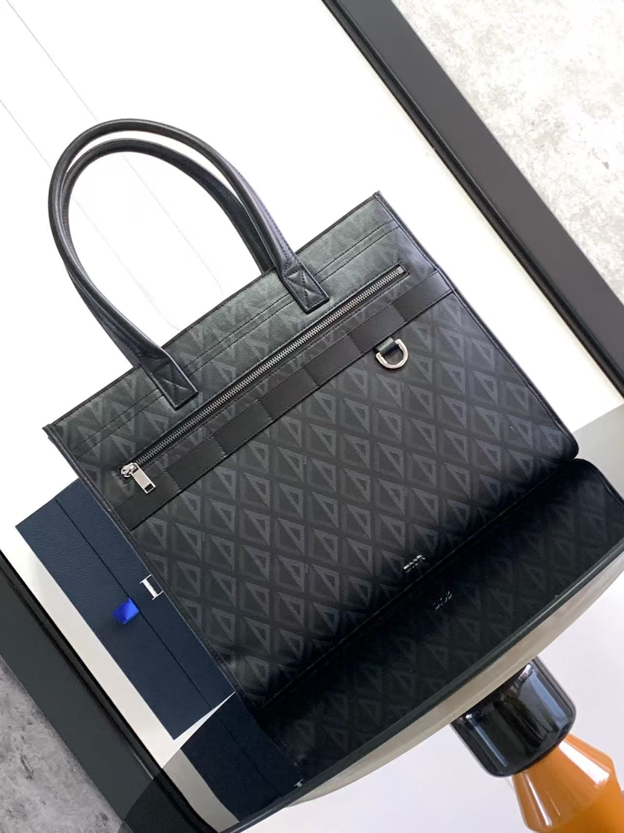 Dior Safari Men's Tote CD Diamond Black Diamond Canvas Handbag Business Laptop Bag