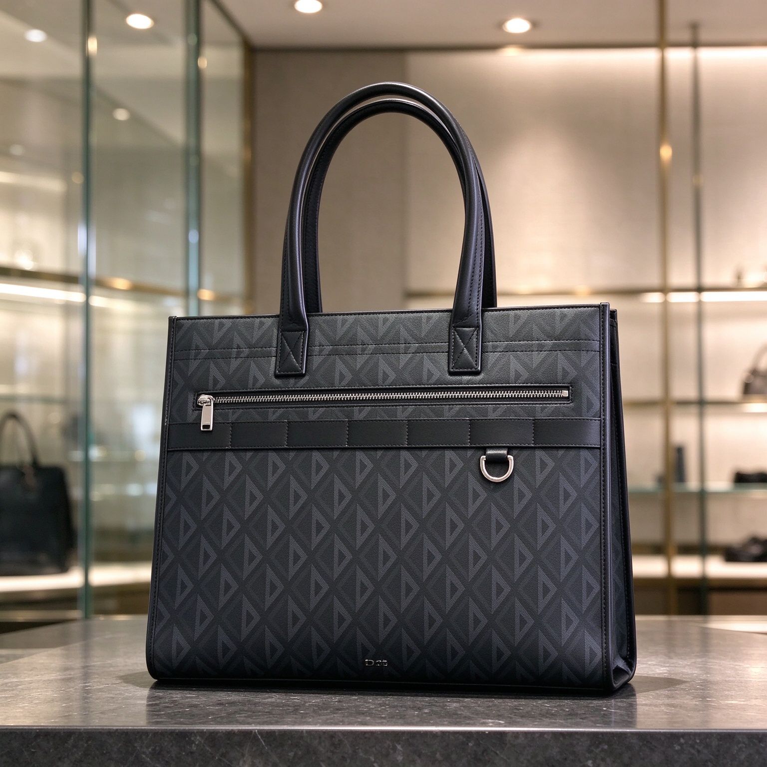 Dior Safari Men's Tote CD Diamond Black Diamond Canvas Handbag Business Laptop Bag