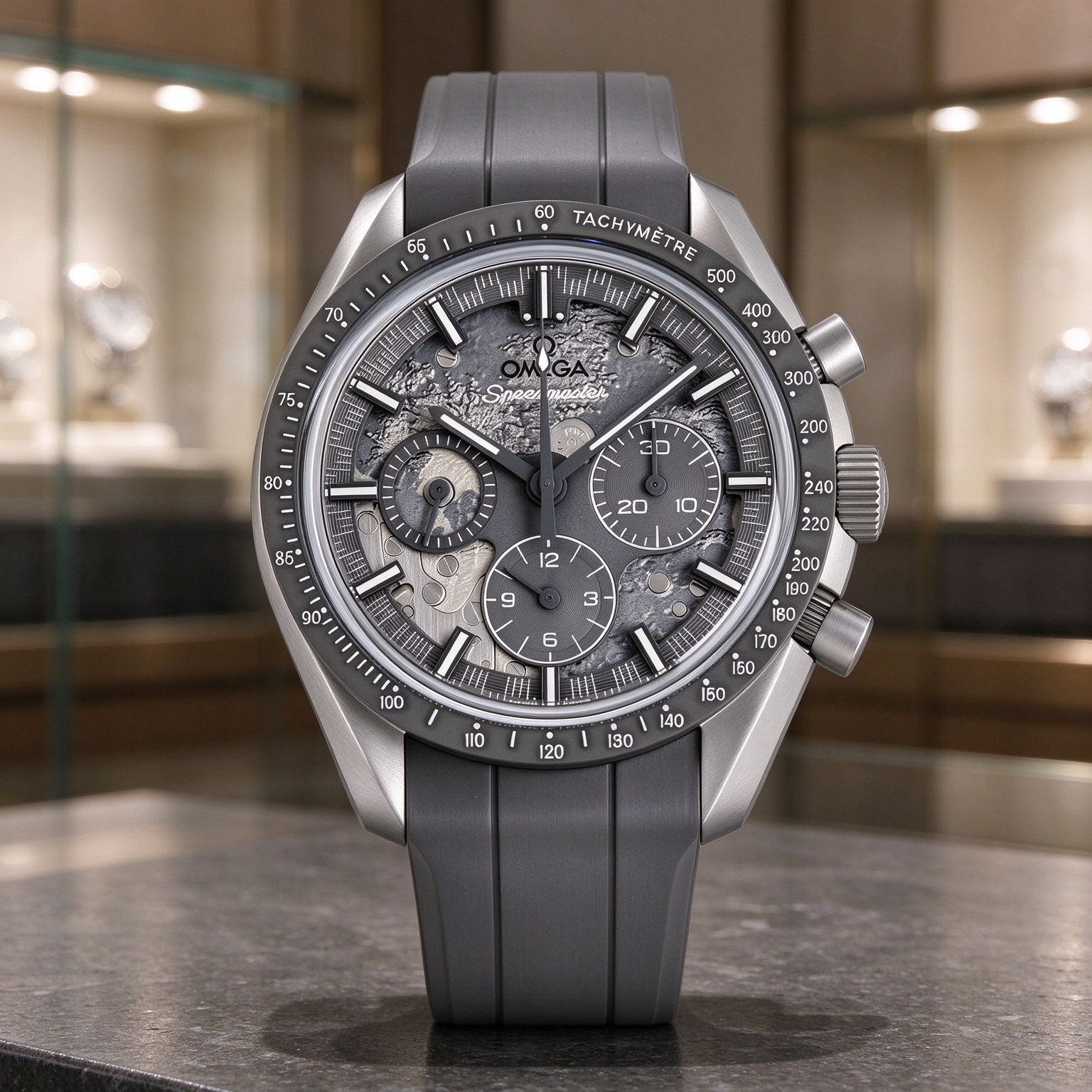 Omega Speedmaster Lunar Meteorite Disc Men's Automatic Chronograph Grey Rubber Band Speedometer Watch