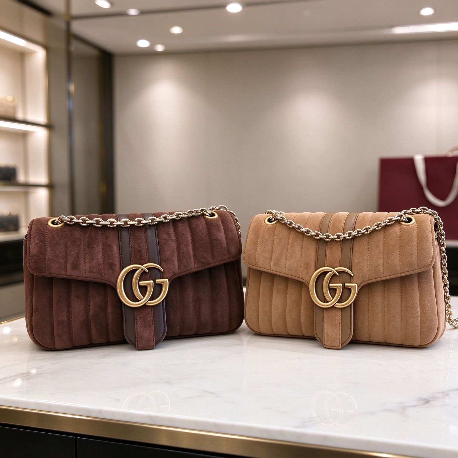 Gucci Spot Womens Suede Chain Bag 2026 New Shoulder Crossbody Bag, Dark Brown & Light Camel Bicolor