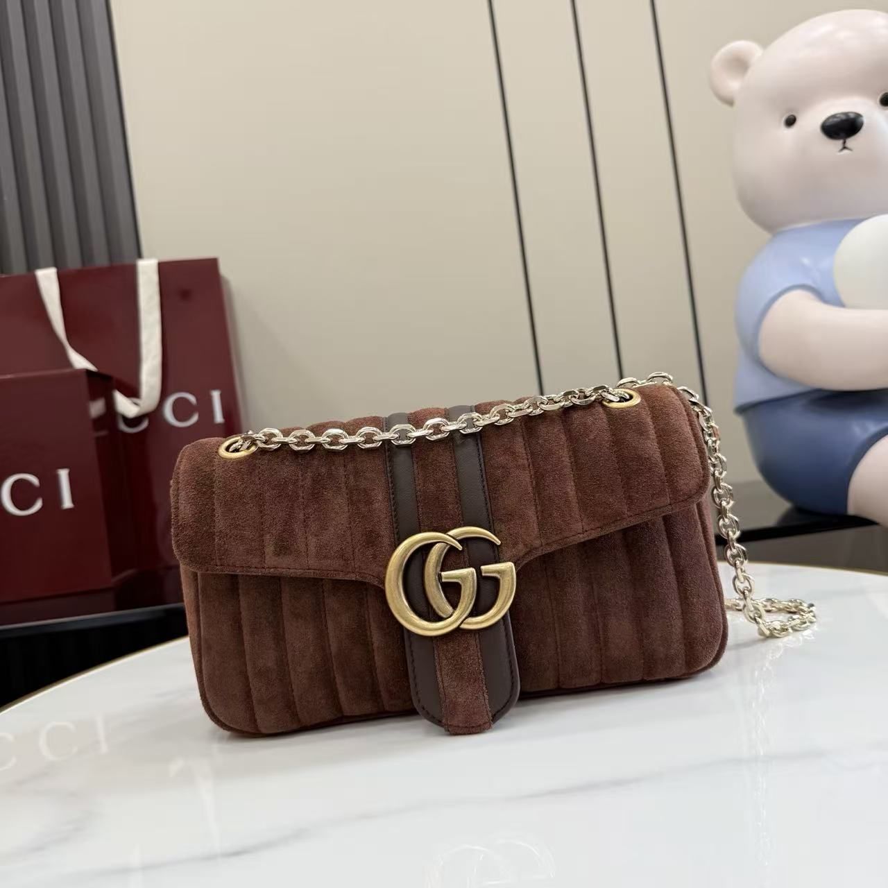 Gucci Spot Womens Suede Chain Bag 2026 New Shoulder Crossbody Bag, Dark Brown & Light Camel Bicolor