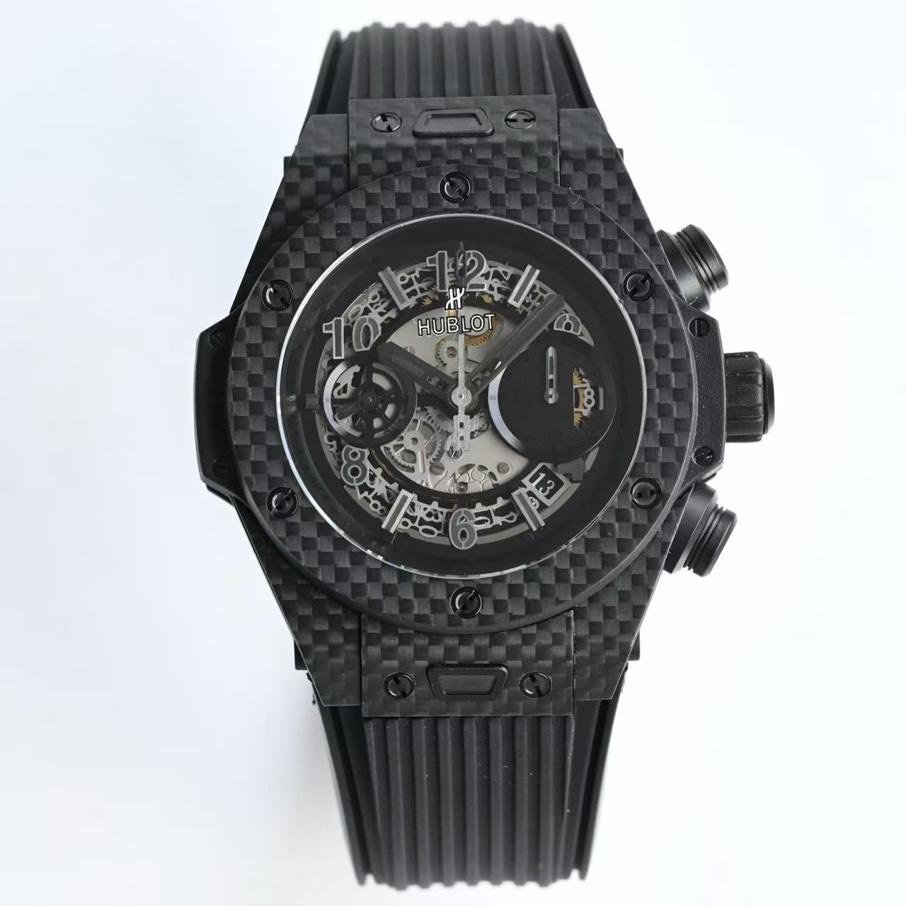 Big Bang Unico Skeleton Chronograph Men's 45mm Carbon Style Rubber Band Sport Watch
