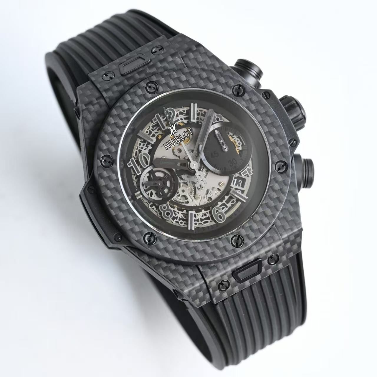 Big Bang Unico Skeleton Chronograph Men's 45mm Carbon Style Rubber Band Sport Watch 图 3