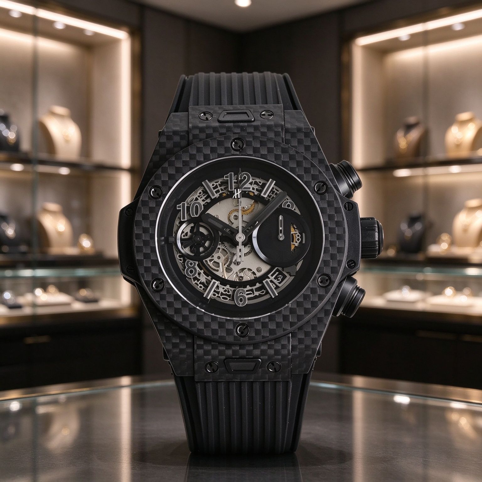 Big Bang Unico Skeleton Chronograph Men's 45mm Carbon Style Rubber Band Sport Watch