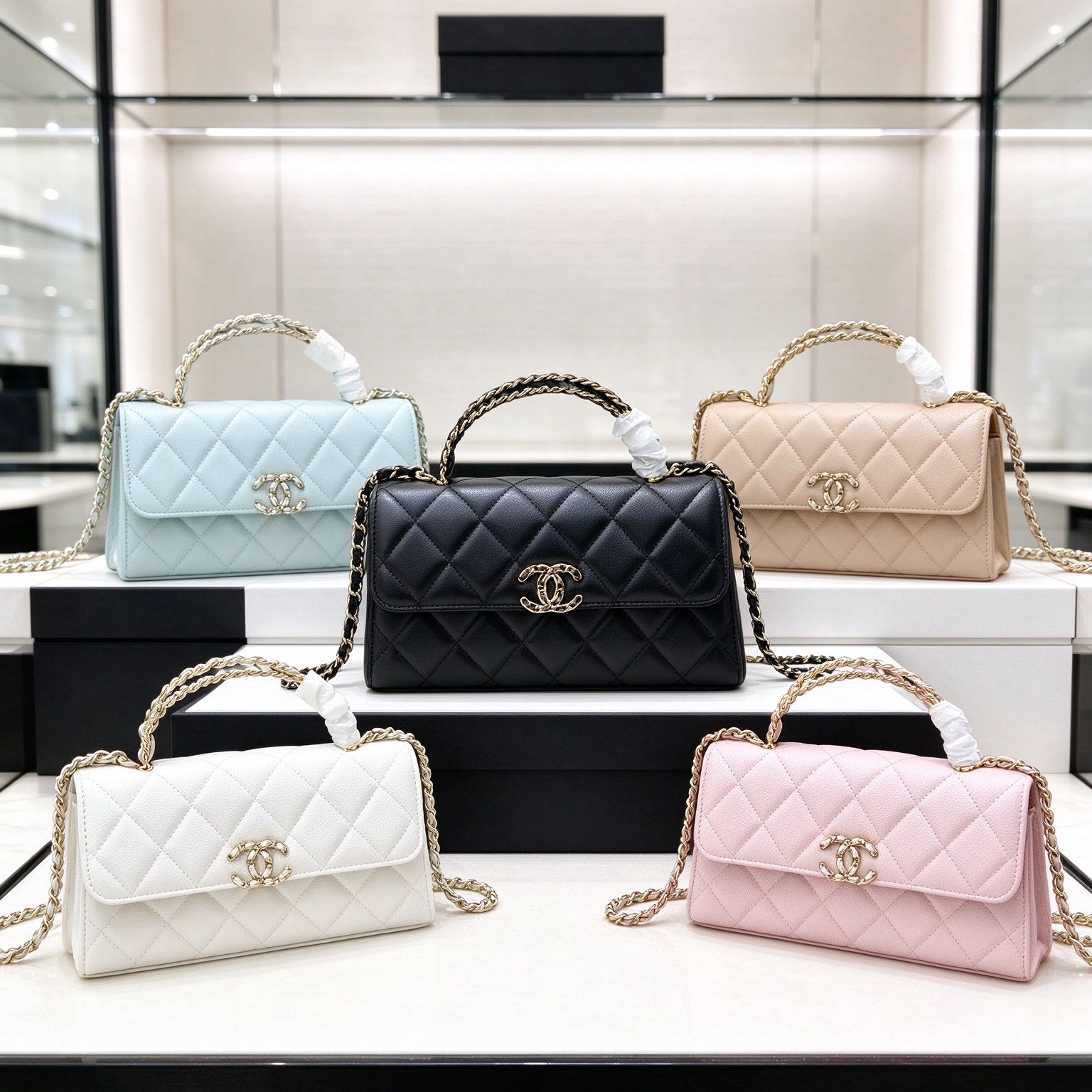 Chanel Rhombus Twist Handle Chain Bag, 5 Colors Available (Black/Baby Blue/Milk White/Milk Tea Rice/Sakura Pink)