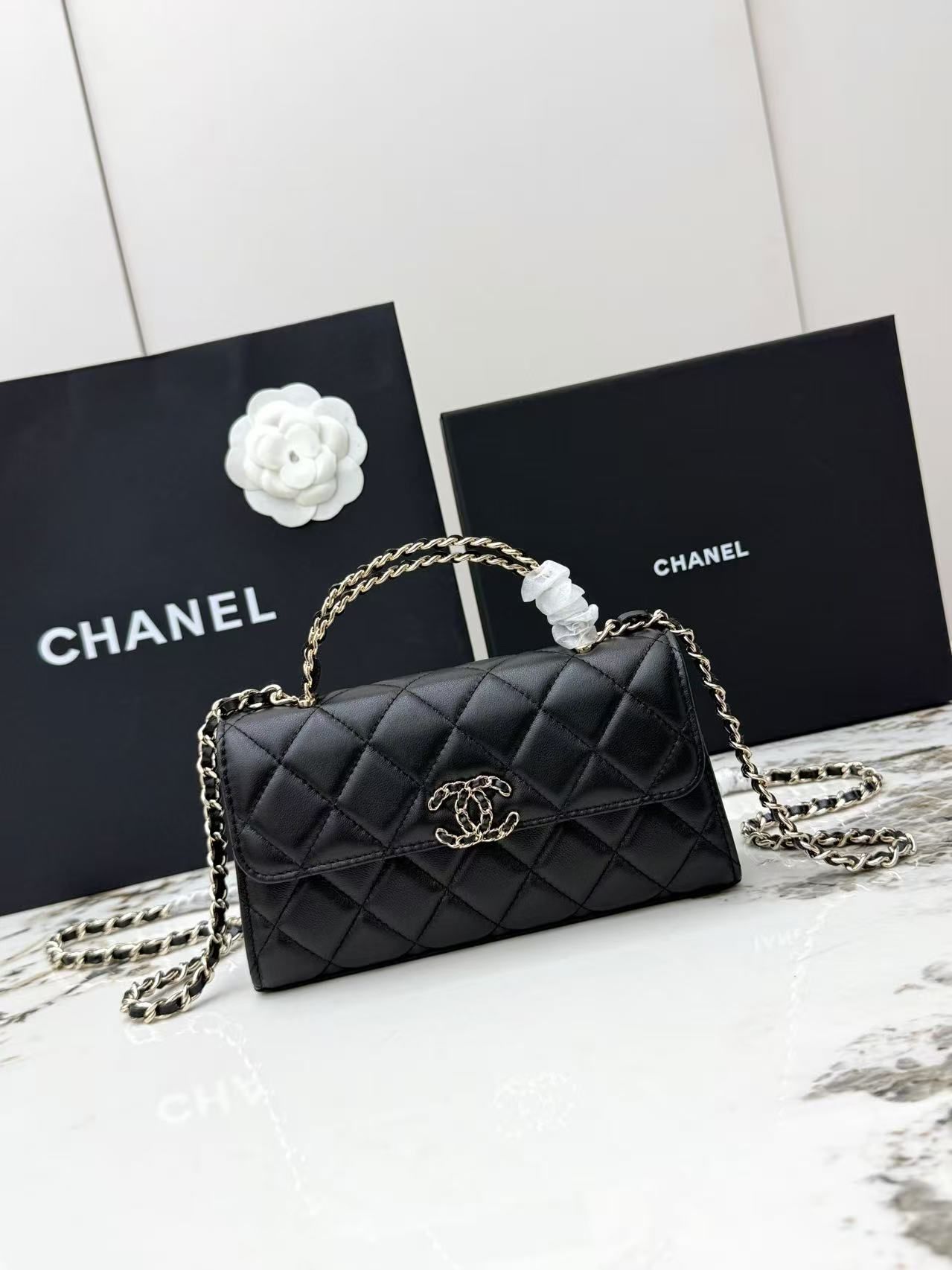 Chanel Rhombus Twist Handle Chain Bag, 5 Colors Available (Black/Baby Blue/Milk White/Milk Tea Rice/Sakura Pink)