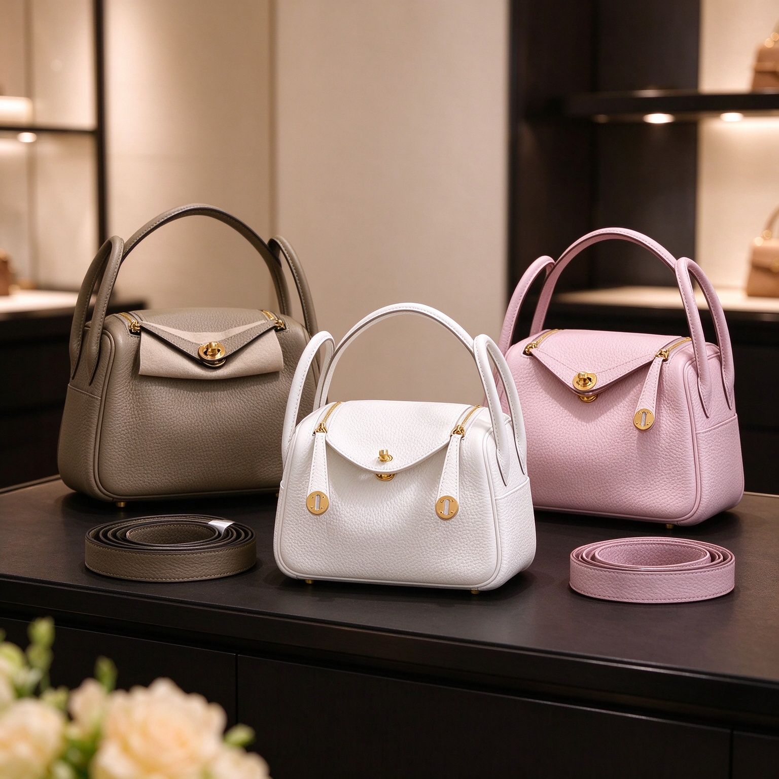 Hermès Mini Lindy Litchi Women's Bag Elephant Grey/Pure White/Sakura Pink Handbag Crossbody Light Luxury Small Bag