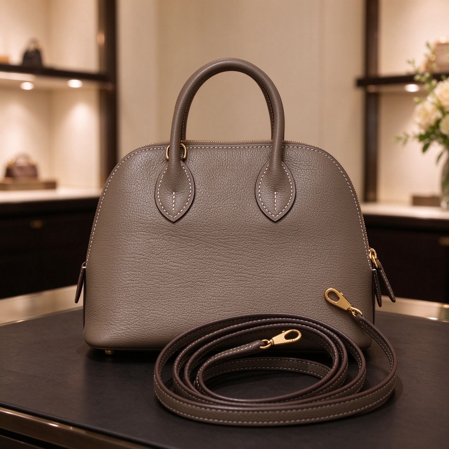 Hermès Title: Elephant Grey Mini Seashell with Lychee Pattern Handbag Crossbody Bag Light Luxury Elegant Women's Bag