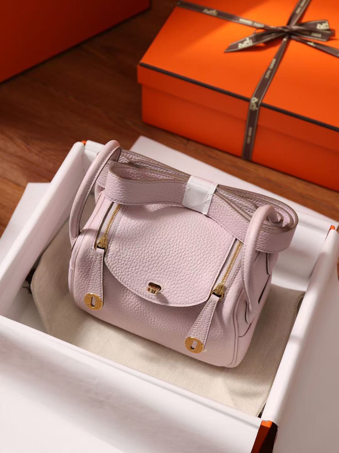 Hermès Mini Lindy Litchi Women's Bag Elephant Grey/Pure White/Sakura Pink Handbag Crossbody Light Luxury Small Bag 图 7