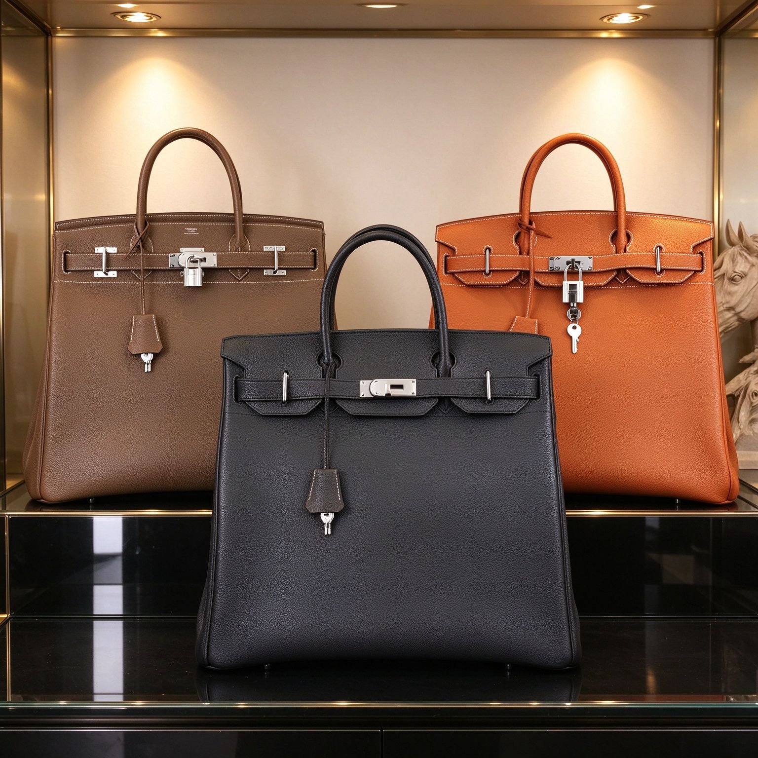 Hermès Platinum Style Lychee Pattern Handbag, Large Capacity Commuter Bag, Black/Elephant Grey/Caramel Brown